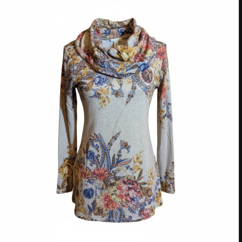 New One World Cowl Neck Tan/Orange/Blue Floral Knit Tunic top NWT Sz XS
